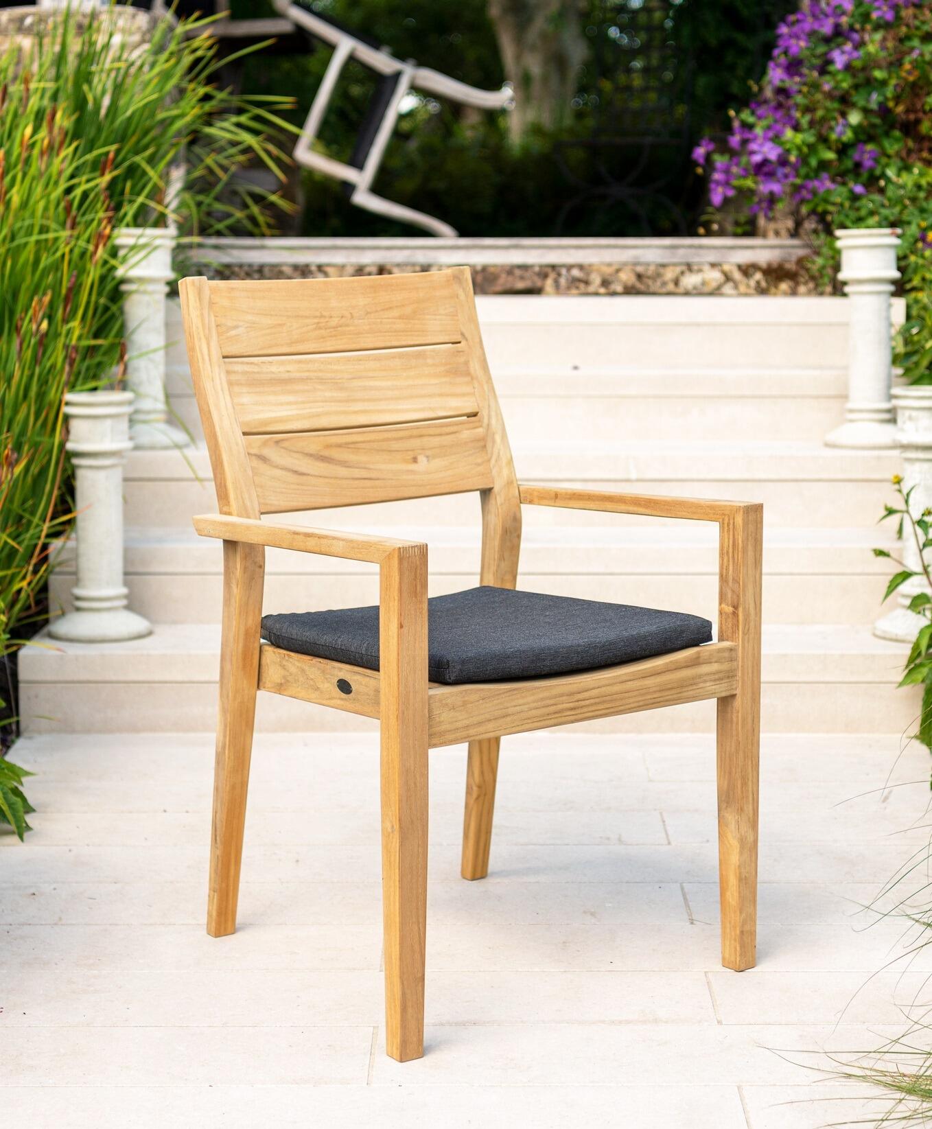 wooden roble hardwood garden dining armchairs with charcoal olefin cushion