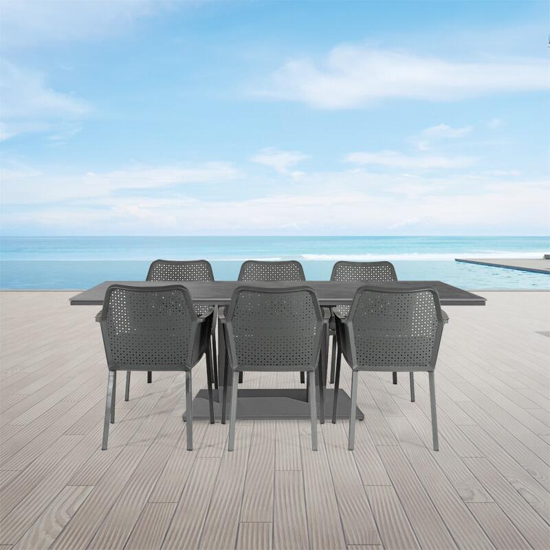 6 seater patio garden dining set grey charcoal aluminium mesh garden dining chairs with 200cm ceramic and metal patio dining table