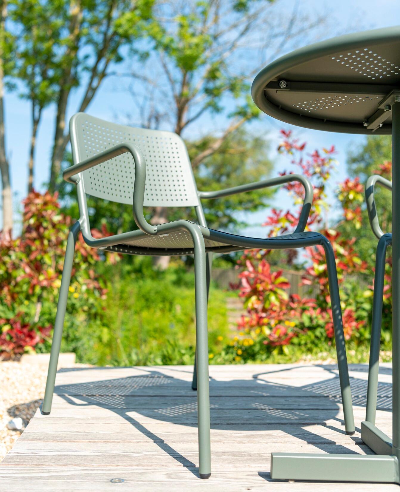 modern green garden dining armchair olive steel mesh stacking seating verona