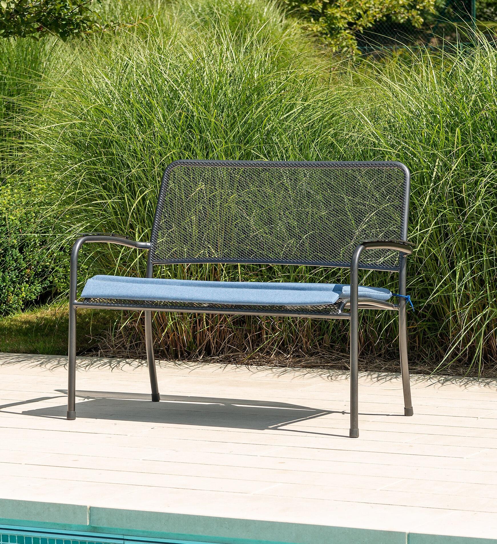 modern metal garden bench outdoor patio furniture steel mesh with blue seat cushion all weather portofino