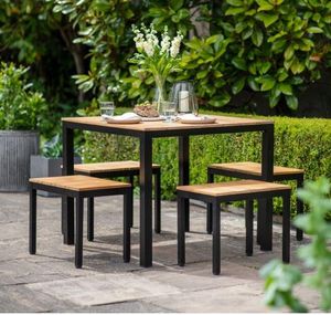 teak and aluminium compact square indoor outdoor garden dining table with 4 stools