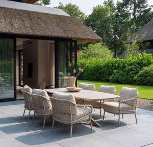 low garden dining set 6 seater rope armchairs and aluminium and all weather ceramic table sardinia