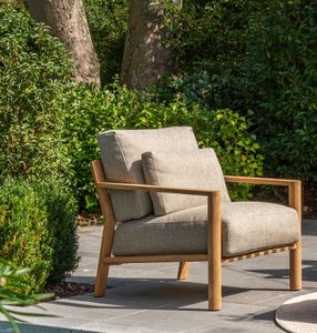 pair of teak garden lounge armchairs high quality with stone all weather fabric cushions deep seat