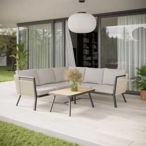 modern corner garden sofa set and coffee table in grey aluminium and cream all weather rope weave  and cushions bali alexander rose