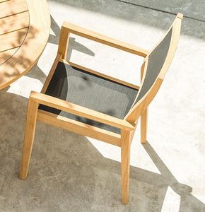 stacking garden dining chairs in roble hardwood and modern black sling fabric