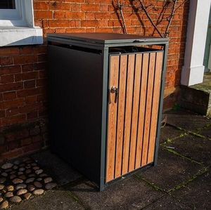 single wheelie bin cover house in grey galvanised steel with wood effect doors