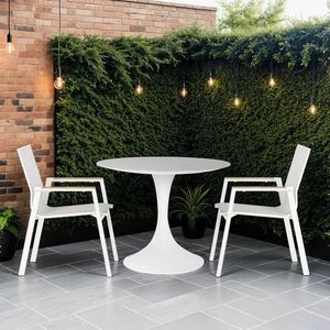 white metal garden bistro set sling chairs aluminium round cafe table sphere aspen