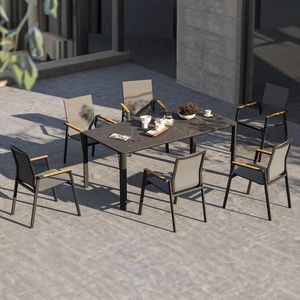 6 seater garden dining table aluminium and all weather sling fabric patio chairs grey modern aspen apollo