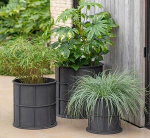set of 3 black metal steel garden planters ridgeway modern outdoor cylinder pots