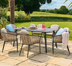 6 seater garden patio dining set grey aluminium metal rattan all weather and cushions pavilion