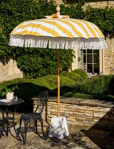 yellow and white garden parasol teak pole outdoor patio shade sun protection summerleaze