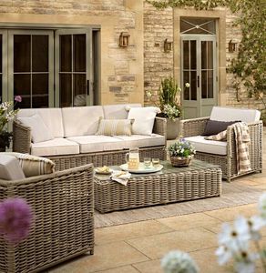garden lounge set in all weather rattan weave and linen look cushions harting patio outdoor furniture
