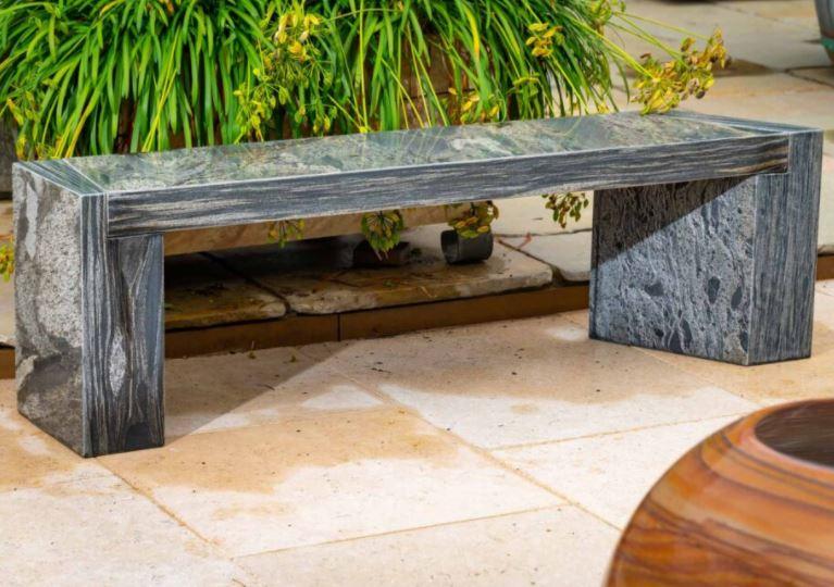 modern grey sandstone garden bench with angular contemporary design arc