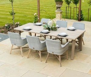 teak 240 cm garden dining table with 6 ice grey weatherproof wicker rattan garden dining chairs