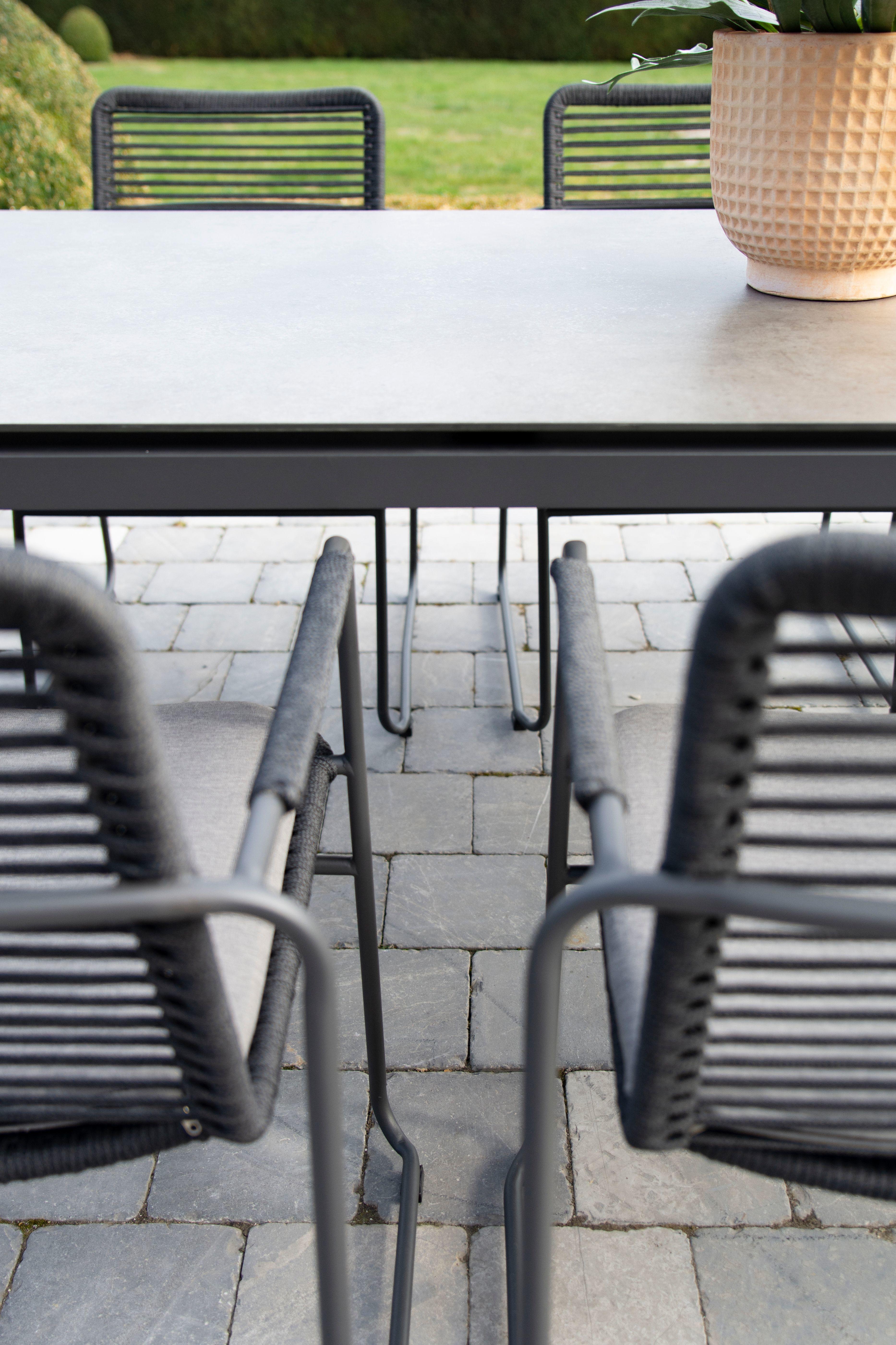 detail of weatherproof rope weave patio garden dining chairs