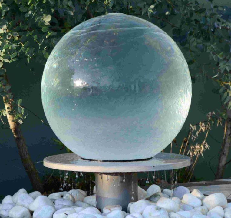 glass effect acrylic sphere garden water feature on plinth