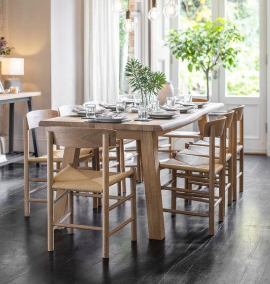 oak kitchen or dining room table with 6 or 8 oak indoor dining chairs with woven seats