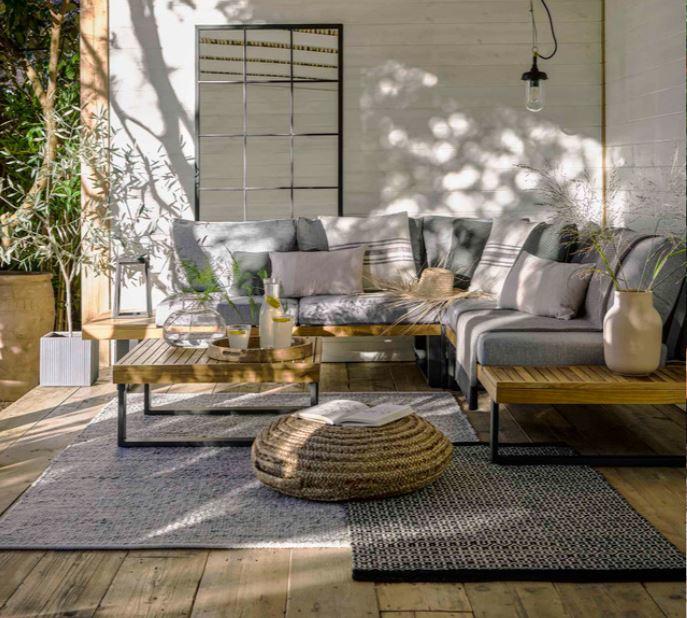 teak garden corner lounge sofa with soft grey showerproof cushions for outdoor or indoor use