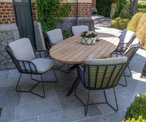 oval teak garden patio dining table with grey rope weave garden dining chairs on stainless steel frames