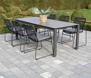 grey modern garden dining set with HPL rectangle garden dining table and 6 rope weave and metal grey patio garden dining chairs