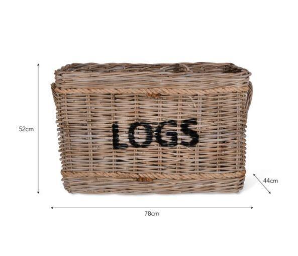 dimensions fireside large rattan modern log basket with rope and text detail