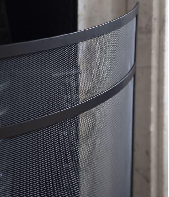 firescreen in black powder coated steel with mesh for fire safety from ash and sparks