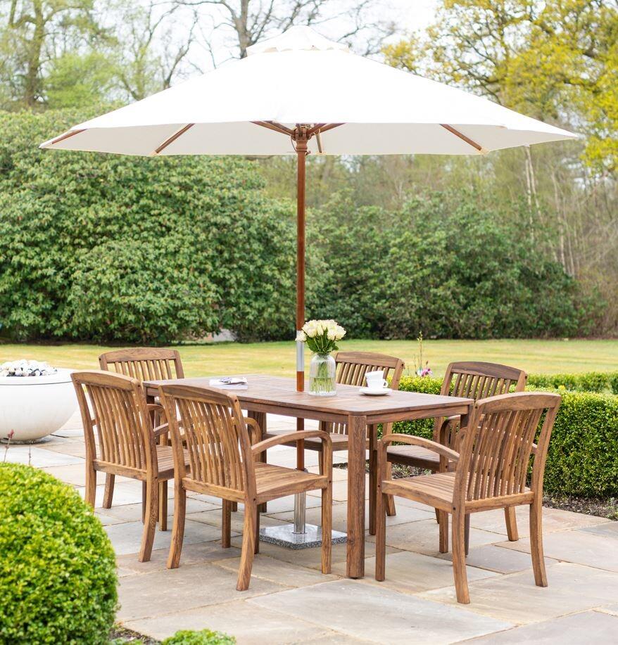 6 seater garden dining set outdoor patio table and armchairs in acacia hardwood and seat cushions bolney
