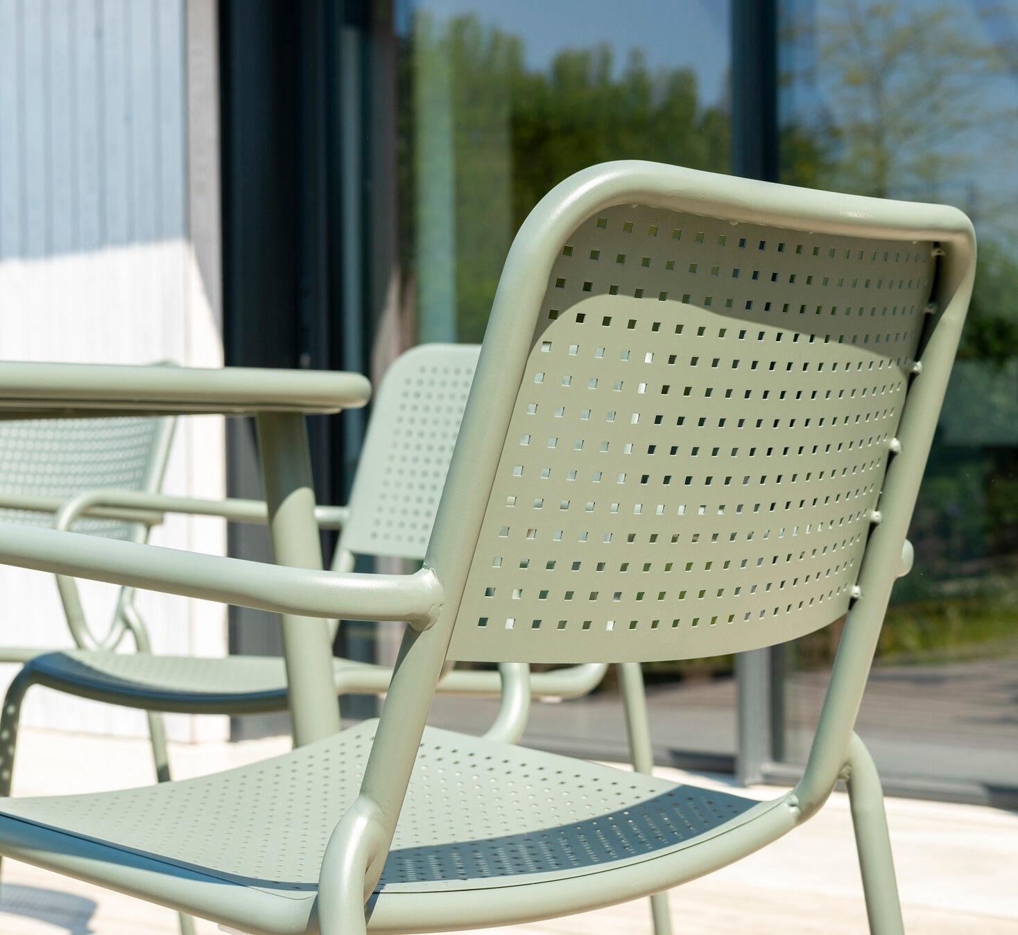 modern garden dining chair armchair metal steel olive green back mesh detail verona