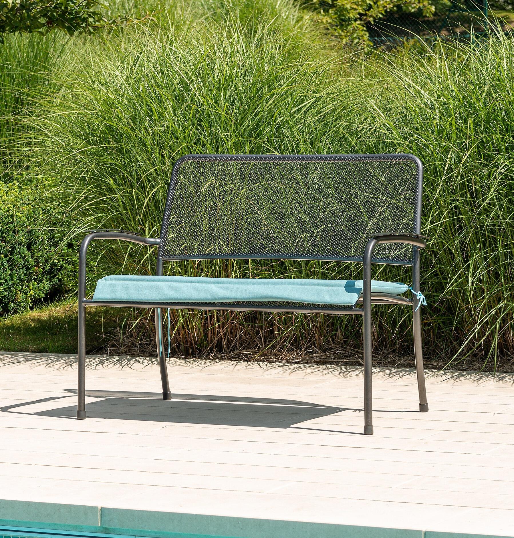 modern metal garden bench outdoor patio furniture steel mesh with green seat cushion all weather portofino
