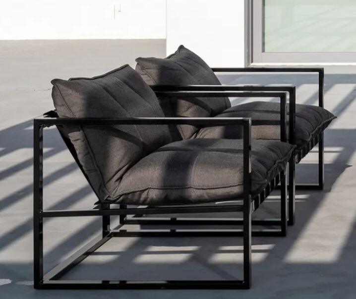 garden armchairs lounge set all weather fabric cushions snug plump sunbrella grey charcoal