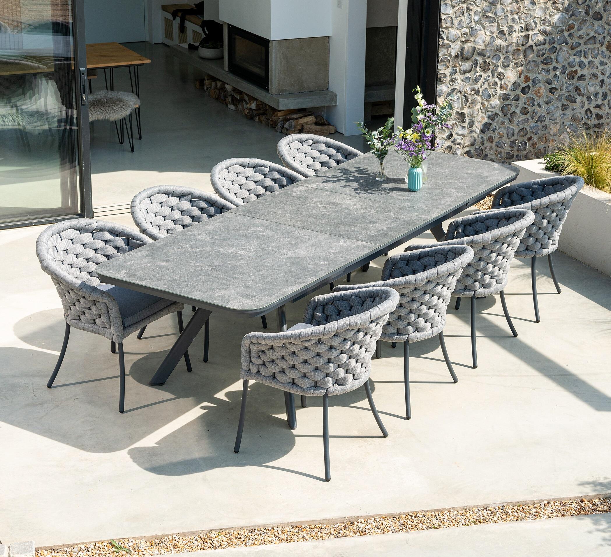 grey modern extending garden dining table 8 seater wide rope weave patio chairs light grey
