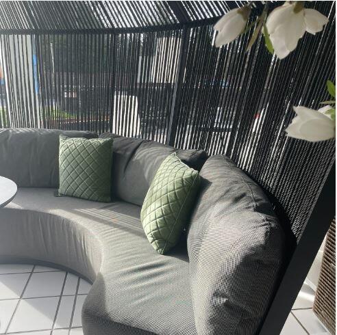 all weather fabric curved seating for garden pod room in rope weave grey