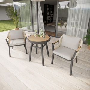 modern garden bistro cafe set dining chairs and table in aluminium and all weather rope weave with cushions