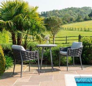 grey metal garden bistro cafe set dining chair wide rope and aluminium all weather outdoor patio furniture torino