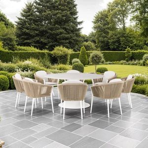 8 seater garden dining patio set round table and all weather rope weave chairs white stone