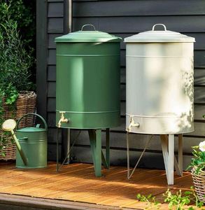 garden water butts green clay painted steel metal outdoor rain water collection storage
