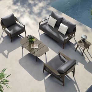 teak garden lounge set sofa and armchairs and coffee table dark stained wood patio outdoor furniture leo
