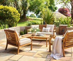 garden lounge sofa armchairs set acacia hardwood modern patio wood furniture deep cushions cotswold national trust