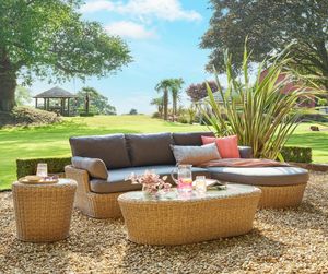 rattan weave garden sofa and chaise outdoor patio lounge set natural all weather wicker grey cushions coffee table palermo