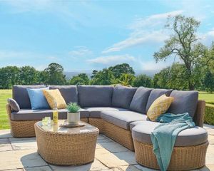 rattan weave garden sofa corner outdoor patio lounge set natural all weather wicker grey cushions coffee table palermo