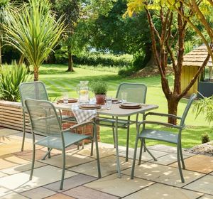 4 seater bergen garden dining table and stacking chairs modern olive green metal mesh patio outdoor furniture