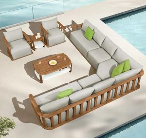 large modular teak garden lounge sofa set armchairs all weather cushions patio outdoor pallisad furniture
