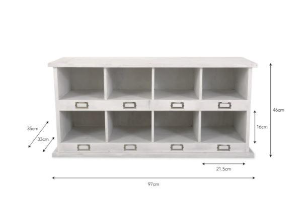 wooden shoe locker in white wash paint finish for 8 pairs of shoes