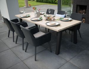 teak garden dining table with anthracite grey bucket rattan dining chairs aluminium legs