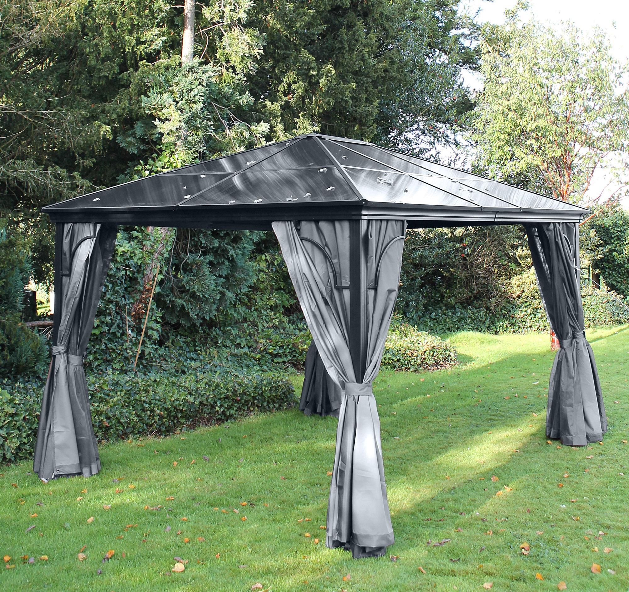 modern grey garden gazebo 3 x 3 m with polycarbonate roof and grey curtains and mosquito nets