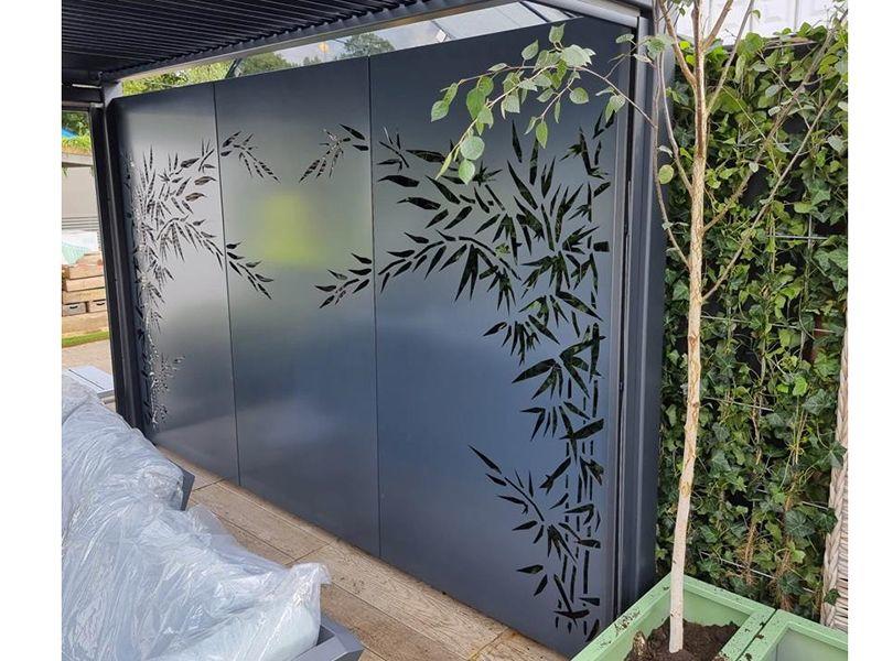 grey aluminium garden gazebo wall panels with laser cut design
