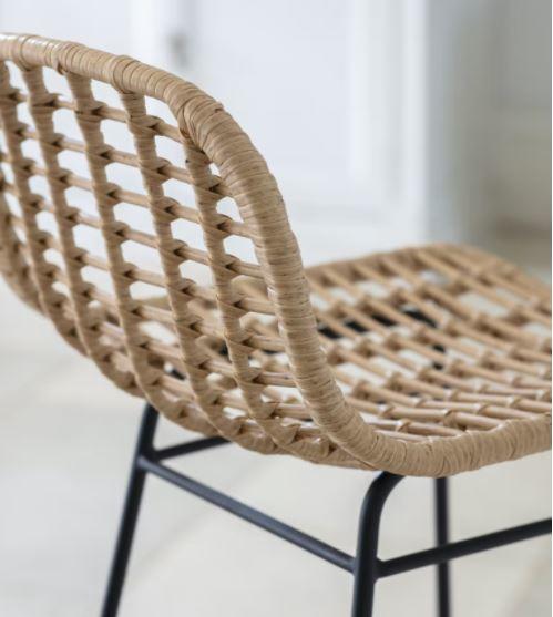 back detail of bamboo weave high bar stool for indoor or outdoor garden use