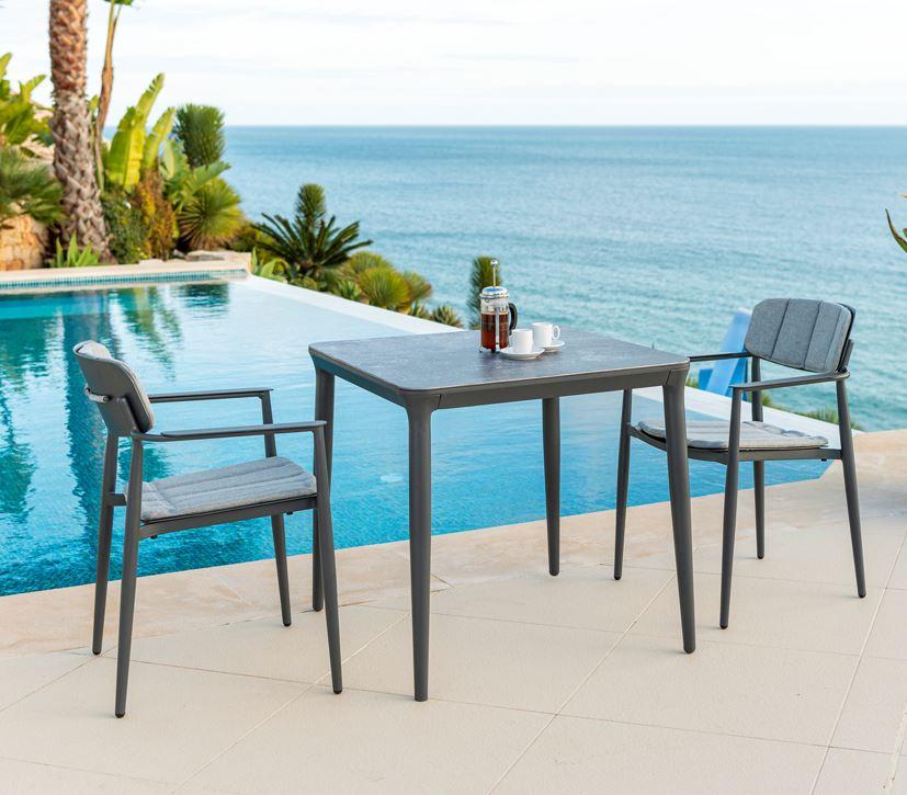 garden bistro cafe table and 2 dining armchairs in grey aluminium rimini metal patio seating