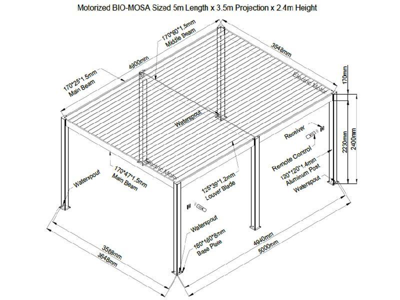 full dimensions of 6 x 3 m garden gazebo in grey aluminium with louvre roof system