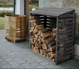 grey painted garden log store in FSC pine for outdoor use
